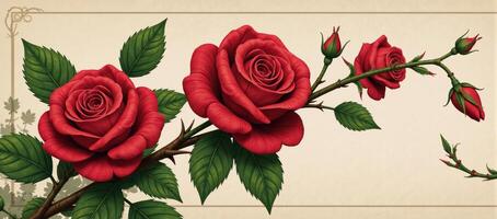 Whimsical distressed illustration showcases entwined roses thorns amidst verdant foliage in a nostalgic setting photo