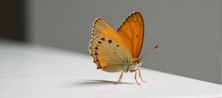A photorealistic portrait showcases an orangewinged butterfly resting on a white background photo