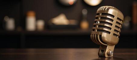 Vintage microphone against a blurry dreamy background in a stock image photo