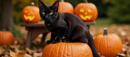 Spooky black cat holding pumpkin within an autumn landscape Halloween setting photo