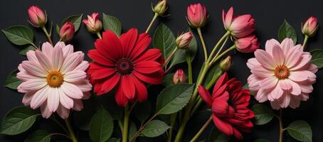 Wallpaper design vintagestyle floral composition with dark background featuring flowers and leaves photo