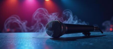 Microphone stands alone against a backdrop of colored lights and smoke onstage photo