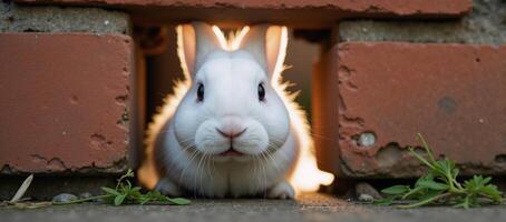 A white rabbit emerges from its hiding place within a wall photo