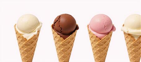 Fourflavored ice cream in a waffle cone on white background depicted as watercolor handdrawn illustration photo