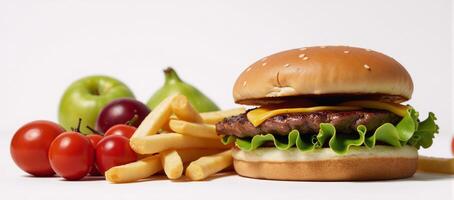 Contrast between healthy vegan meal organic fruitsvegetables and unhealthy fastfood burger fries photo