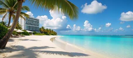 A tropical banner showcases a relaxing vacation scene with palms and a beach resort by the sea photo