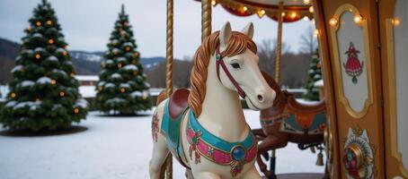Winter carousel with horsed against backdrop of snowy park filled with towering Christmas trees photo