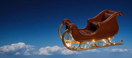 Majestic sleigh adorned with gold and lantern lights flies over starfilled blue sky dotted with fluffy clouds photo