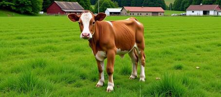 A cow in a gridpatterned green field faces a distant farm photo