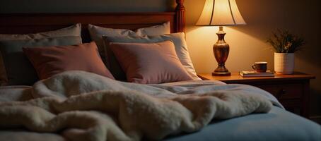 Cozy bedroom setting with soft light warm blankets and a relaxing ambiance from a bedside lamp photo
