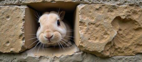 A bunny peers through a wall hole with twitchy whiskers photo