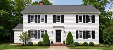 Colonial farmhouse characterized by white clapboard siding photo