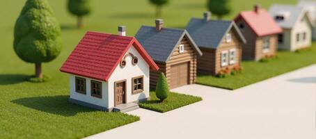 A charming row of miniature houses is depicted as a 3D illustration to represent buying a new home within the real estate market a heartshaped symbol floats above the red house signifying love and photo