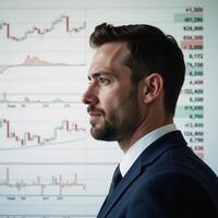 Profile view of mans head surrounded by stock market graphs photo