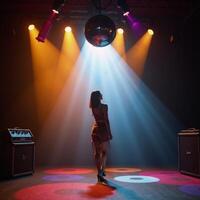 A vibrant 70sinspired party scene with a revolving mirror disco ball glittering under flashing stage lights amidst vintage speakers and amplifiers emanating nostalgic vibes photo