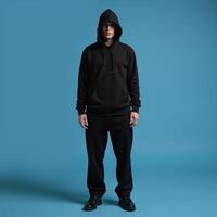 Hooded figure against blue backdrop photo