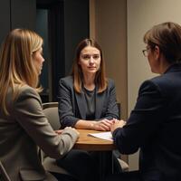 A young professional discusses her career growth with seniors over coffee in a casual office setting photo