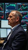 Mans profile view with stock market chart detailing photo