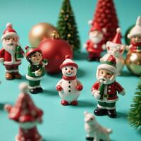 A vibrant arrangement of mini holiday decorations on a teal background during wintertime photo