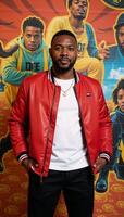Stylish Black man posed before vibrant backdrop in Hip Hop style illustration photo