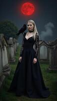 Gothic Witch BloodRed Moon Graveyard Silver Hair Black Lace Raven photo