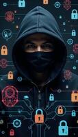 Illustrated cyber security scene with hacker in hoodie amidst encrypted data firewalls photo