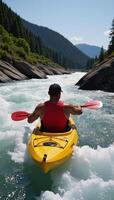 Man kayaking through mountainous whitewater rapids capturing an exhilarating extreme water sport experience in a stunning natural setting photo