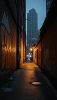 A moody urban cityscape at night featuring an alleyway shrouded in swirling fog photo