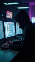 A hooded hacker engages in criminal activities surrounded by multiple screens and dim lighting photo