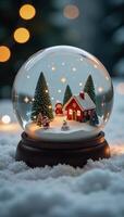 Miniature winter wonderland in a frosted snowglobe with twinkling lights photo