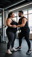 Modern gym showcasing inclusive personal training for a plussized participant emphasizing inclusivity and progress photo