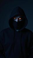 Halfbody shot of terrifying blackhooded figure with glowing orange eyes lurking in shadows photo