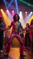 A joyful guy busting moves at a colorful neonlit dance party photo