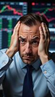 Stressedout investor in distress amidst stock charts and financial news photo