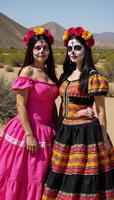Dia de los Muertos depiction of two catrinas with sugar skull makeup in a barren Mexican desert landscape photo