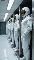 Futuristic spaceship hallways showcase rows of suspended white spacesuits in lockers photo