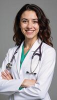 A confident smile from a curlyhaired young female doctor wearing a white coat and stethoscope conveys a sense of both professionalism and friendliness photo