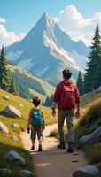 A 3D image showcasing an adventurous fatherchild duo embarking on a hike in nature outfitted with backpacks and binoculars photo