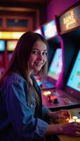 Girl playing pixel art arcade game in retro gaming hall with neon lighting photo