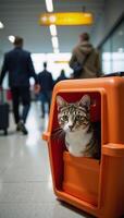 Cat in an orange carrier among airport passengers In a single sentence with concise language that effectively conveys the main subject and setting of your initial description A magical garden photo
