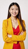 Young successful businesswoman smiles happily while crossing arms and gazes into the camera set against a clean minimalist white backdrop photo