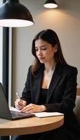 Businesswoman deep in thought with laptop notebook at a busy coffee shop photo