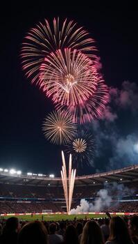 Vibrant fireworks light up a stadium at night creating a festive atmosphere for a large crowd photo