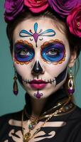 Portrait illustration featuring a woman adorned with sugar skull makeup photo