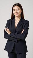 Businesswoman portrait against a clean white backdrop with crossed arms wearing professional attire photo