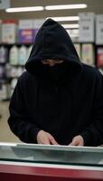 Criminal depicted as hooded silhouette stealing from store photo