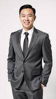Studio portrait showcases an attractive Asian businessman wearing a gray suit and exuding confidence and friendliness against a clean white backdrop photo