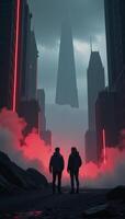 Dystopian futuristic cityscape featuring two figures amidst towering redglowing buildings shrouded in thick fog photo