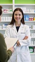 A pharmacist exudes confidence amidst neatly arranged medicines within a bustling pharmacy setting photo