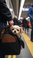 Small dog on bustling subway platform peering from fashionable pet carrier among commuters photo